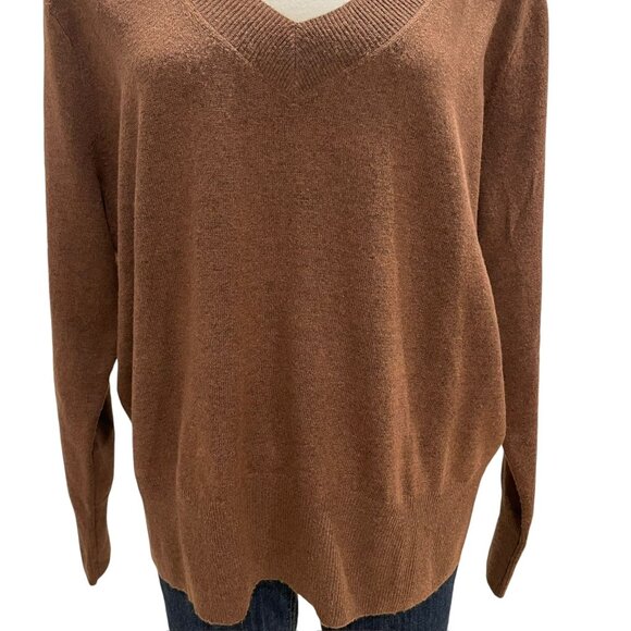 Womens Brown V-Neck Sweater L Recycled Polyester Oversized Sustainable Fall Soft - Picture 7 of 10